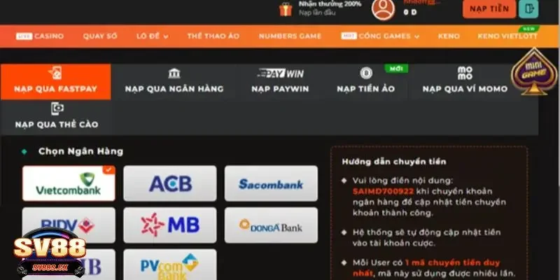 Điều khoản chung về thực hiện lệnh nạp tiền SV88
